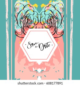 Hand drawn vector abstract creative unusual universal save the date card template with graphic flowers and succulents in pastel colors.Wedding,anniversary,birthday,party invitations