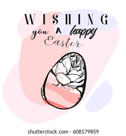 Hand drawn vector abstract creative Easter greeting postcard design template with painted Easter eggs and Easter quote isolated on white background.