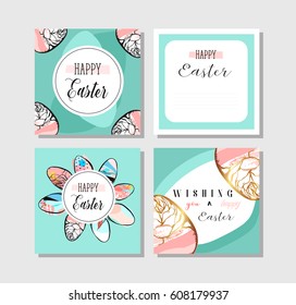 Hand drawn vector abstract creative Easter greetings postcards collection set templates with painted golden Easter eggs isolated on blue backgrounds.