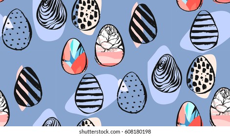 Hand drawn vector abstract creative universal Easter seamless pattern design with Easter eggs in pastel colors isolated on blue background.