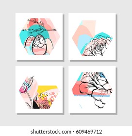 Hand drawn vector abstract creative unusual modern hexagon shape cards collection set with flowers and spring motifs collage isolated on white background.