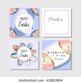 Hand drawn vector abstract creative Easter greeting cards collection set templates with painted golden Easter eggs isolated on violet backgrounds.Design for invitations,journalings,greetings