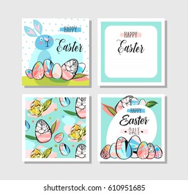 Hand drawn vector abstract creative Happy Easter greeting cards design collection set template with flowers,Easter eggs in pastel and blue mint colors isolated on white background.Sign,Sale,Invitation