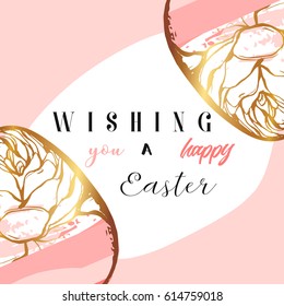 Hand drawn vector abstract creative Happy Easter greetings card design template with painted golden Easter eggs on white background.