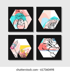 Hand drawn vector abstract creative unusual modern hexagon shape cards collection set with flowers and spring motifs collage isolated on black background.