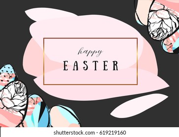Hand drawn vector abstract creative Happy Easter greetings card design template with painted Easter eggs with golden frame on black background.