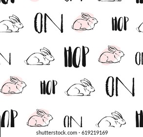 Hand drawn vector abstract creative universal Easter seamless pattern design with white rabbits and hop on quote in pastel colors isolated on white background.Spring unusual graphic decoration.