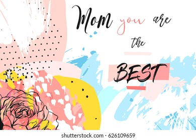 Hand drawn vector abstract creative Mother's day greeting header with spring flowers collage,artistic painted freehand textures and Mom you are the best calligraphy quote isolated on white background.