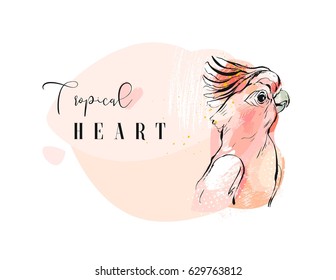 Hand drawn vector abstract creative tropical parrot collage with freehand organic texture and Tropical heart modern calligraphy in pastel colors isolated on white.Wedding,birthday,save the date,header