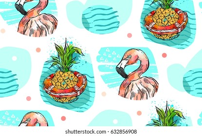 Hand drawn vector abstract creative summer time seamless pattern with pineapple,pink flamingo and ocean waves isolated on white background.Wedding,fashion fabric,birthday,save the date,wrapping