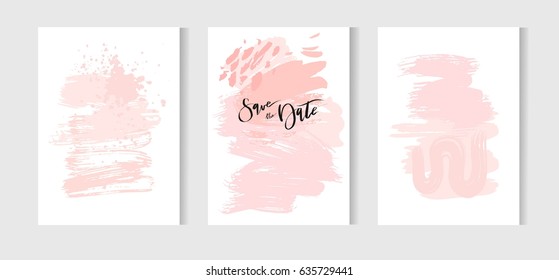 Hand drawn vector abstract creative unusual simple save the date cards template collection set with drawing textures in pastel pink colors.Boho Wedding,anniversary,birthday,party invitations,logo