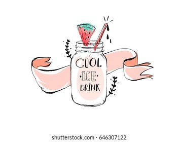 Hand drawn vector abstract creative funny summertime sign illustration with glass jar,ribbon,watermelon,brunches and handwritten modern calligraphy quote Cool ice drink isolated on white background.