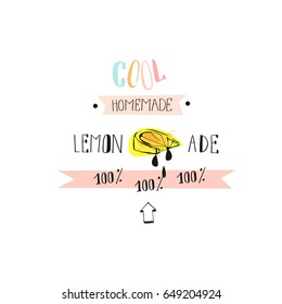 Hand drawn vector abstract creative sign stamp with handwritten modern calligraphy quote Cool homemade lemonade isolated on white background.Menu,logo design,sticker,tag,decoration,label,farm market