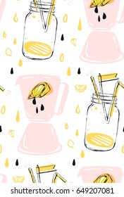 Hand drawn vector abstract creative funny summer time seamless pattern with lemonade glass jar,lemon slice,juice drops and blender isolated on white background.Menu,label,logo,sign,farmers market