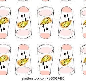 Hand drawn vector abstract creative funny lemonade illustration with glass beaker,lemon,drops and polka dots texture isolated on white.Menu,sign,logo design,diet and detox concept healthy lifestyle