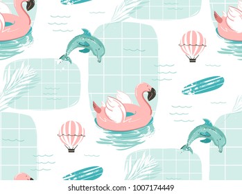 Hand drawn vector abstract cute summer time cartoon illustrations seamless pattern with pink flamingo float circle,surfboard and dolphins in blue ocean water background.