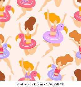 Hand drawn vector abstract cute summer seamless pattern with plus size beach girls floating on pink flamingo swimming circle on pink background. Print on paper, fabric, endless web background for site