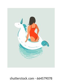 Hand drawn vector abstract cute summer time fun beach young girl illustration with unicorn swimming pool float rubber ring in water isolated on blue background.