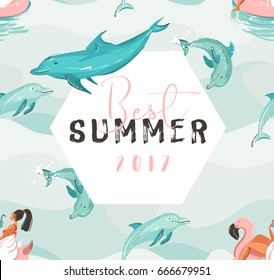 Hand drawn vector abstract cute summer time card with beach girl swimming on pink flamingo float circle, dolphins in blue ocean waves texture and Best summer typography.