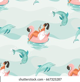 Hand drawn vector abstract cute summer time seamless pattern with beach girl swimming on pink flamingo float circle and dolphins in blue ocean water waves texture background