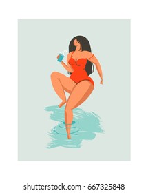 Hand drawn vector abstract cute summer time beach girl illustration with red swimwear isolated on blue background.