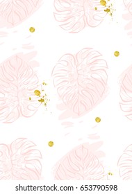 Hand drawn Vector abstract decoration seamless pattern with polka dots of rose gold and exotic tropical palm leaves isolated on white background.