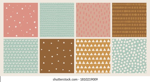 Hand drawn vector abstract doodle patterns in pink, mustard, brown. Seamless geometric backgrounds. Ink doodles. Stripes, dots, triangles, brush strokes. 