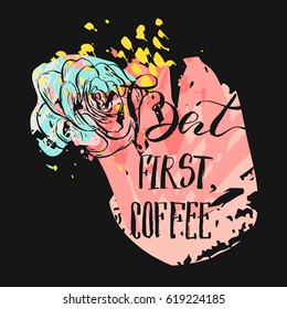 Hand drawn vector abstract drawing modern card template with handwritten ink lettering phase but first coffee and succulent cacti plants in pastel color isolated on black background.Coffee shop design