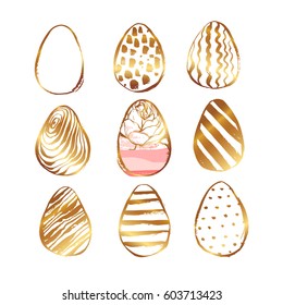 Hand drawn vector abstract Easter brush painted elegant eggs collection set with floral motif in golden colors isolated on white background.Easter spring decoration elements.