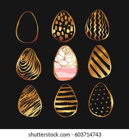 Hand drawn vector abstract Easter brush painted eggs collection set with floral motif in golden colors isolated on black background.