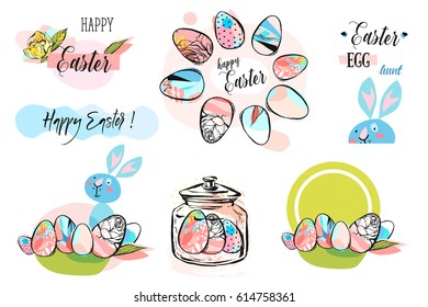 Hand drawn vector abstract Easter design decoration elements collection set with stamps,quotes,signs,labels,tags,bunny,glass jar,Easter eggs and flowers in bright color isolated on white background.