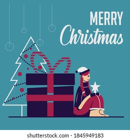 Hand drawn vector abstract entertainment Merry Christmas greeting card illustration with girl, gift box isolated on blue background.