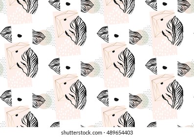 Hand drawn vector abstract exotic artistic textured minimalism seamless pattern with tropical graphic palm leaves and polka dot texture in pastel colors isolated on white background.