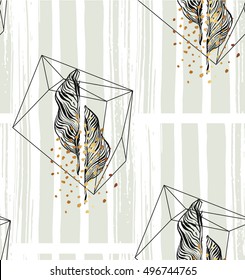 Hand drawn vector abstract exotic artistic textured minimalism seamless pattern with tropical graphic palm leaves and gold polka dot texture in pastel green colors isolated on white background.