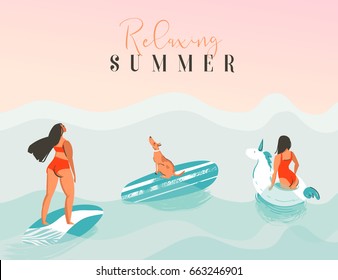 Hand drawn vector abstract exotic summer time funny illustration with surfer girls, unicorn float,surfboard and dog looking at the sunset on blue ocean waves with modern calligraphy Relaxing summer.