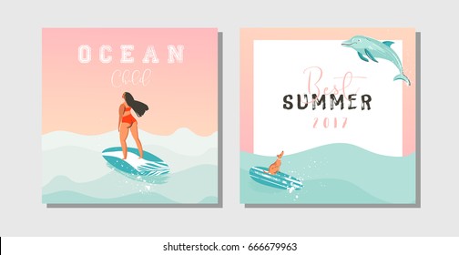 Hand drawn vector abstract exotic summer time funny save the date cards set collection template with surfer girls,surfboard,dog,sunset and typography quote on on blue ocean waves water.