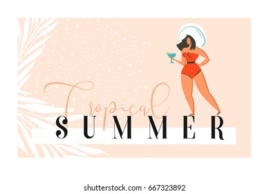 Hand drawn vector abstract exotic summer time funny illustration card template with retro vintage pin up girl on sand shore and modern calligraphy quote tropical summer.