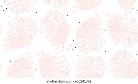 Hand drawn Vector abstract feminine decoration seamless pattern with polka dots and exotic tropical palm leaves in pink pastel colors isolated on white background.