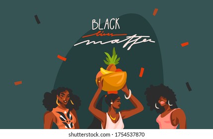 Hand drawn vector abstract flat stock graphic illustration with young black afro american beauty women and Black lives matter lettering isolated on color collage shape background