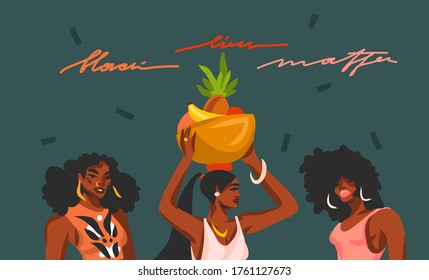 Hand drawn vector abstract flat  graphic illustration with young black afro american beauty women,and Black lives matter lettering isolated on color collage shape background