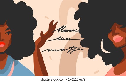 Hand drawn vector abstract flat graphic illustration with young black afro american beauty women,and Black lives matter handwritten lettering concept isolated on color collage shape background.