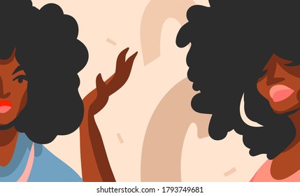 Hand drawn vector abstract flat stock graphic illustration with young black afro american beauty women and copy space place isolated on color collage shape background.
