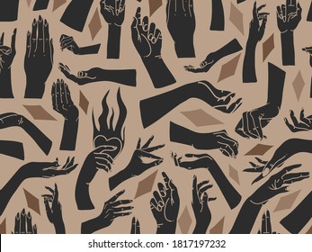 Hand drawn vector abstract flat stock graphic icon illustration sketch seamless pattern with human mystic occult hands and simple shapes collage shapes isolated on color background