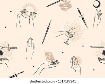 Hand drawn vector abstract flat stock graphic icon illustration sketch seamless pattern with human, mystic occult hands and simple collage shapes isolated on color background