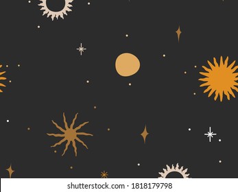 Hand drawn vector abstract flat stock graphic icon illustration sketch seamless pattern with celestial moon,sun and stars, mystic and simple collage shapes isolated on black background