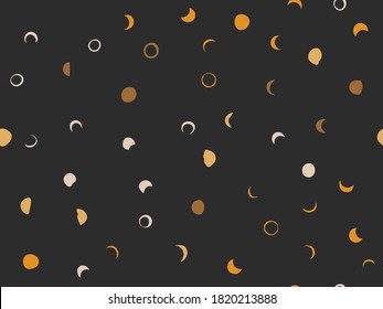 Hand drawn vector abstract flat stock graphic icon illustration sketch seamless pattern with celestial moon,sun and stars, mystic and simple collage shapes isolated on black background