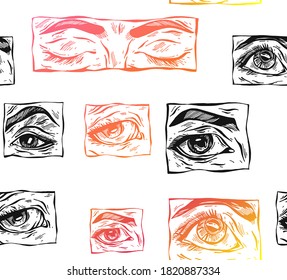 Hand drawn vector abstract flat stock graphic icon illustration sketch seamless pattern with female mystic eyes and simple textured collage shapes isolated on white background