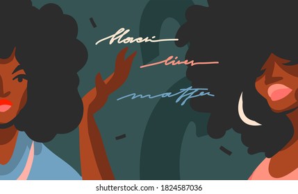 Hand drawn vector abstract flat stock graphic illustration with young black afro american beauty women,and Black lives matter handwritten lettering concept isolated on color collage shape background.