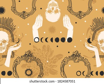 Hand drawn vector abstract flat stock graphic icon illustration sketch seamless pattern with human hands,skull, mystic occult sun and moon phases ,simple collage shapes isolated on golden background