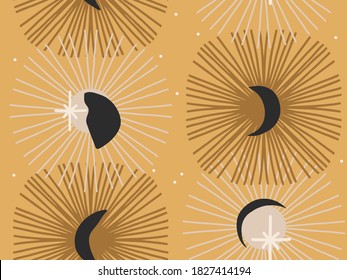 Hand drawn vector abstract flat stock graphic icon illustration sketch seamless pattern with celestial moon,sun and stars, mystic and simple collage shapes isolated on golden background